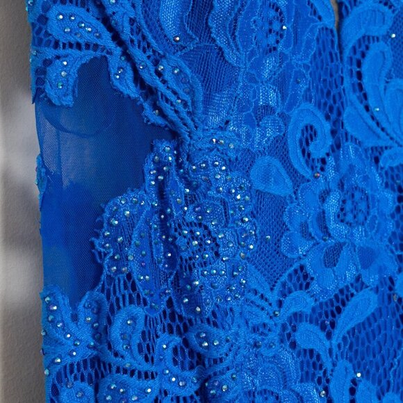 La Femme Prom Maxi Dress 28355 Mermaid Lace Rhinestone Blue - Picture 8 of 15